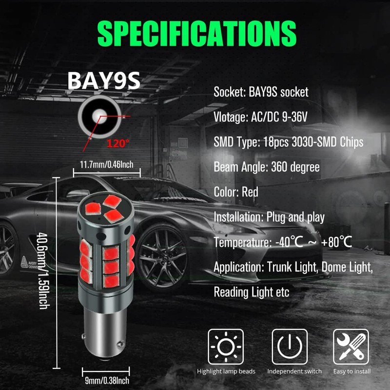 2pcs AC/DC 9-36V H21W LED Bulbs Red,Error Free BAY9S 64136