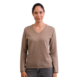 CASH-MERE.CH 100% Organic Cashmere Women's Crew Neck Sweater | Jumper (Brown/Light Taupe, S)