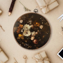 Lengues Vintage Fall Floral Round Wall Art Decor, Dark Floral Autumn Round Wall Decor, Dark Botanical Canvas Framed Art Prints, Thanksgiving Moody Flower Hanging Frame for Room Bedroom 10x10 Inch