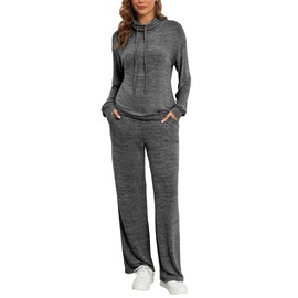 Famulily Ladies Tracksuit Sets Cowl Neck Long Sleeve Co Ord Set with Drawstring Pockets Loungewear Outfits Dark Grey S