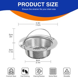 Hocent 2 Pack Kitchen Sink Strainer, Stainless Steel Sink Drain Strainer with Portable Handle, 4.3 Inch/11cm Sink Strainer for Kitchen, Dishwasher Safe, Silvery