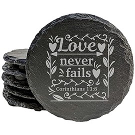 Faith and Hope: Laser Etched Enduring Love: Corinthians 13:8 Coasters with Flowers - Round Slate - set of 5