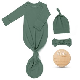 Hello World Newborn Knotted Gown 0-3 Months, Coming Home Outfit Baby Bamboo Viscose Sleeper with Hat,Headband,Wooden Sign (Dark Green, Newborn)