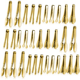 Mumufy 32 Pcs Mini Serving Tongs Buffet Serving Utensils Stainless Steel Small Tongs Catering Kitchen Tongs for Appetizer Tea Party Coffee Bar Food Ice Salad Barbecue Cookies Sugar, 4 Styles (Gold)