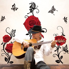 SUPERDANT Red Rose Wall Stickers Removable Flowers Butterfly Wall Sticker Home Wall Art Decor Wall Decor DIY Vinyl Mural Art for Bedroom Living Room Sofa Backdrop TV Wall Decoration 2 Sheets