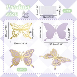 AHANDMAKER 12Pcs Large Butterfly Party Decoration, Paper Butterfly Stickers, 3D Butterfly Wall Decor Double Butterfly Stickers for Birthday Party Nursery Bedroom Wedding Decorations, Golden and Purple