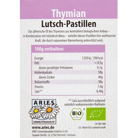 Aries BIO Thymian Lutschpastillen – Halsbonbons mit Isländisch Moos Extrakt und Bio Thymianöl – 30g