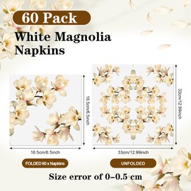Feifeiya 60 Pcs White Magnolia Floral Cocktail Paper Napkins 6.5 x 6.5 Inches Disposable Paper Napkins Dessert Beverage Tissue for Decoupage Luncheon Tissue for Theme Party Wedding Birthday Party