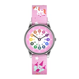 Cander Berlin MNA 1230 E Children's Watch Children's Watch Girls Watch Learning Dial Unicorn Pink Colourful, Candy pink, Round plastic bracelet with unicorn motif, learning dial