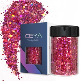 Ceya Holographic Chunky Glitter 3.5oz/100g Rose Red Craft Glitter Mixed Chunky Fine Flakes Iridescent Nail Sequins for Epoxy Resin Cup Slime Painting Festival Decoration