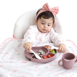 LoLaBi Coverall Long Sleeve Baby Weaning Bib (Whale, Pink) for highchair, waterproof toddler feeding bibs