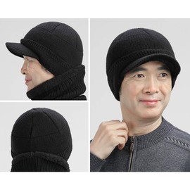 Peaked Beanie Hat and Scarf Set for Men Winter Warm Knitted Visor Beanie Hat and Circle Scarf Neck Warmer Ear Cuff Hat Balaclava Hat with Fleece Lined for Indoor Outdoor Activities Birthday Gift