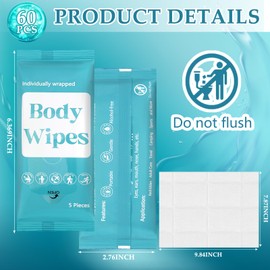 Threlaco 300 Pcs 60 Pack Body Wipes for Adults Bathing No Rinse Individually Wrapped Shower Wipes Washcloth with Aloe Cleansing Body Wash Cloths Disposable Bulk Deodorant Homeless(Blue Background)