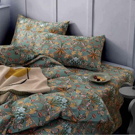 Faincy Bohemian Duvet Cover King Size - Boho Paisley Green Floral Pattern Printed Microfiber Comforter Cover Set - 3PC 90 X 104 Soft and Lightweight Quilt Cover, Retro Farmhouse Style for Women Men
