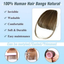 WECAN Clip in Bangs 100% Human Hair Extensions Light Brown bangs hair clip Fringe with Temples Wigs for Women Everyday Wear Curved Bangs (M Light Brown)