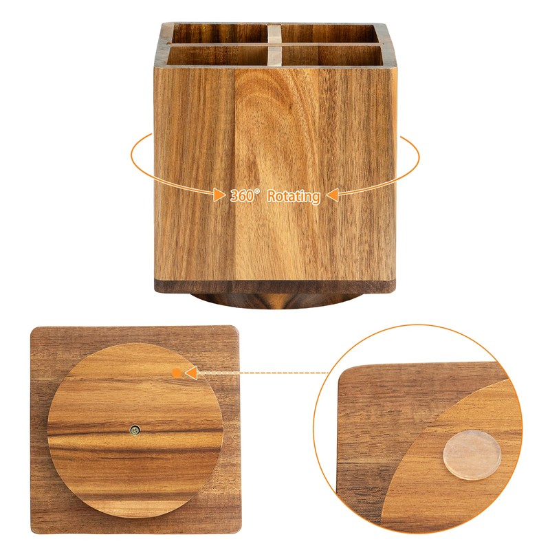 NACIMAX Acacia Wood Extra Large Rotating Utensil Holder for Kitchen