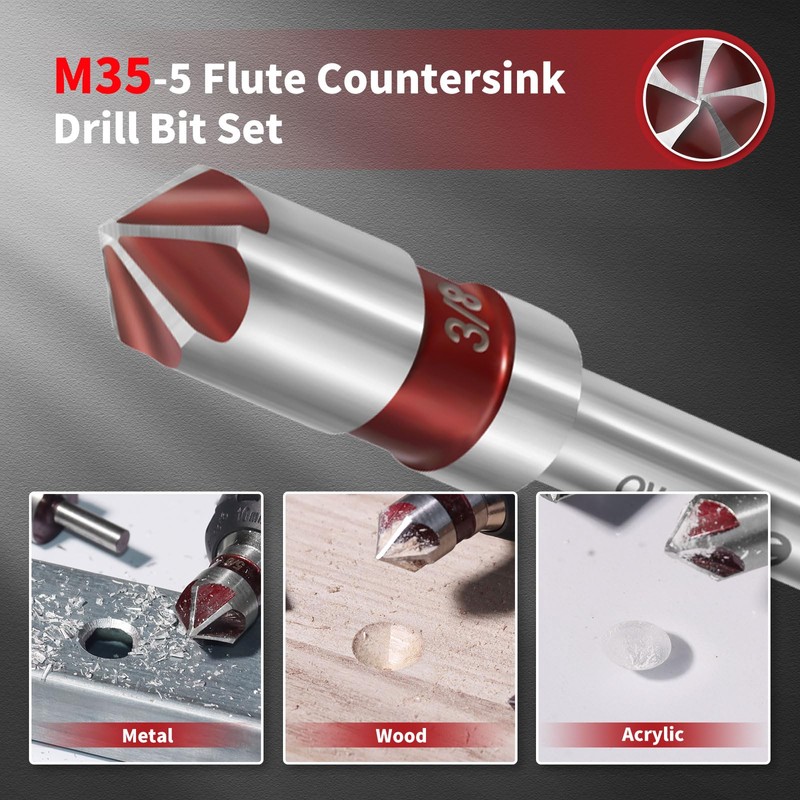 ColumPRO 5PCS Cobalt 5-Flute Countersink Drill Bit Set - Heavy-Duty