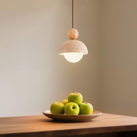 Natural Stone Pendant Light, Wabi Sabi Travertine & Wood Hanging Lamp for Kitchen Island, Hallway, Bedroom, Dining Room Ceiling Decor (Stone Round, 1pcs)