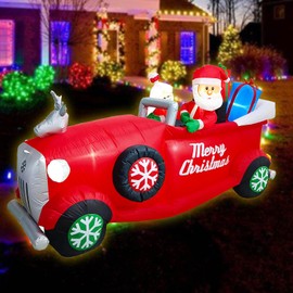 8 ft Long Christmas Inflatable Santa Driving Red Car with Mrs. Claus, Giant Xmas Blow Up Yard Decoration LED Lights for Garden Lawn Outdoor Holiday