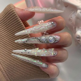 MISUD Press on Nails Extra Long Stiletto Fake Nails Glossy Glue on Nails White Chrome Acrylic Nails Almond Artificial Nails Rhinestone Pearl Stick on False Nails with Design 24pcs