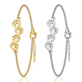 Qvunwlin Pet Paw Print Bracelet Anklet Set for Women, Gold Silver Stainless Steel Minimalist Pet Lover Jewelry, Women's Paw Print Jewelry Set Adjustable Chain for Dog Cat Lovers, Gift Box for Mother's Day Christmas Not for Children