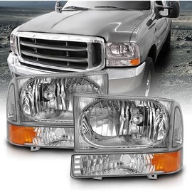 AmeriLite for 1999-2004 Ford Super Duty F250 F350 F450 F550 | Excursion Chrome Factory Style Replacement Headlights w/Corner Bumper Corner Set - Passenger and Driver Side
