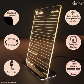 3 Lines Glowrite LED Writing Board with USB Stand, Illuminated Acrylic Display with Markers & Cleaning Cloth/Duster, Home Office Desk Organizer | to Do Priorities