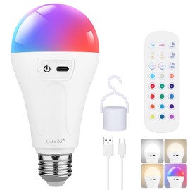 5200mAh Rechargeable Light Bulbs with Remote,E26 Cordless Battery Powered Light Bulb for Lamps and Sconces 7W (40W Equivalent) 12RGB Dimmable Color Changing Light Bulb with Hook for Camping，1 Pack