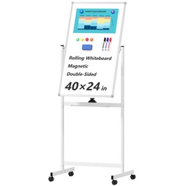 Neatsure Rolling Whiteboard on Wheels, 40" x 24" Double-Sided Mobile Magnetic White Board with Stand, Portable Standing Dry Erase Board Easel for Home Office Classroom School, Silver