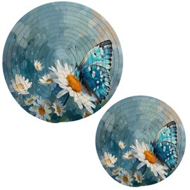 Peystean Woven Kitchen Potholders Trivets Set of 2, Beautiful Daisy Blue Butterfly Painting Cotton Round Hot Pot Coasters Placemats for Cooking Baking Dish Pan Pot Bowl Teapot(7&9 Inches Diameter)