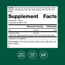 Standard Process Zinc Chelate - Offers Natural Immune Support & Aids Skin Health - Excellent Source of Zinc - Gluten-Free, Non-Dairy & Non-Soy - 180 Tablets