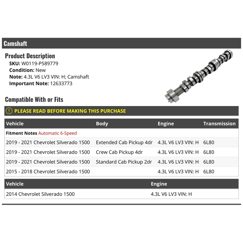 Camshaft - Compatible with 2014-2021 Chevy Silverado 1500 4.3L V6