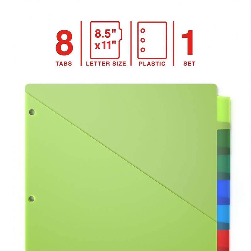 Staples Large Tab Plastic Two-Pocket Insertable Dividers, 8-Tabs, Multicolor (ST62971)