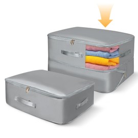 Minicoco Duvet Storage Bags with Zips Self Compression Storage Bags for Comforters, Pillows, Clothes, Bedding Storage Bags (Grey, 2Pcs M)