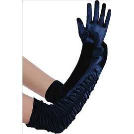 Deceny CB - Guantes largos de satén para mujer, guantes de ópera fruncidos, Azul marino, normal talla