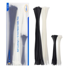 Cable Matters 140-Pack Cable Ties for Indoor and Outdoor, 6, 12-Inch Self-Locking Nylon Zip Ties Assorted Sizes, Wire Ties, Tie Wraps for Multiple Use, Self Locking Zipties in Black and White