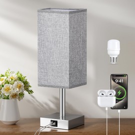 Aooshine Touch Bedside Lamps, Touch Control Table Lamp with USB A+C Charging Ports, Touch Lamps Bedside with 3 Way Dimmable, Table Lamp for Bedroom with Grey Shade(Bulbs Included)