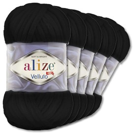 Wohnkult Alize 5 x 100 g Velluto Premium Wool 30 Selection Chenille Yarn Velvet Wool Amigurumi Blankets Accessore Clothing DIY (60 | Black)