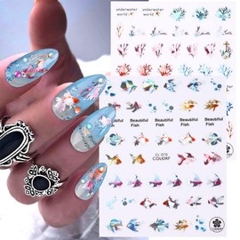 Sea Animals Nail Art Adhesive Sticker 3D Self-Adhesive Nail Decals Art Design Holographic Shell Fish Jellyfish Nail Art Sticker Decoration for Women Manicure Tips Acrylic Nails DIY Nails Art Supplies