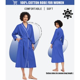 ANLIQI 100% Cotton Robe for Women Long Sleeve Knit Kimono Soft Lightweight Bathrobe Full-Length Housecoat with Pockets(Blue,2XL)