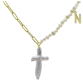 Cross Pendant Freshwater Pearls Alphabet Necklace Sterling Silver 18K Gold Plated Nail Hammered Textured Hypoallergenic (Alphabet-N)