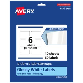 Avery Glossy White Rectangle Labels with Sure Feed, 2-1/3" x 3-3/8", 60 Glossy White Labels, Print-to-The-Edge, Permanent Label Adhesive, Laser/Inkjet Printable Labels