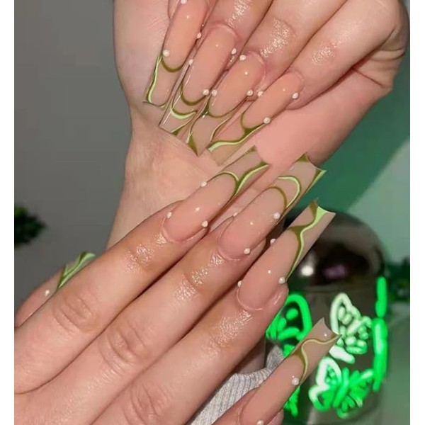 Long Coffin French Tip Press-Ons Nails - Green Swirl Design