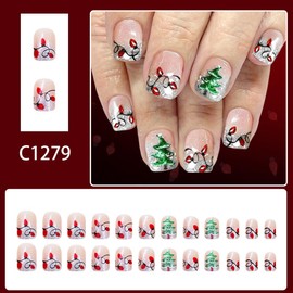Christmas Press on Nails Lamp Fake Nails Silver Glitter French Tip False Nail with French Tip Design Xmas Tree Glue on Nails Acrylic Nail Glossy Full Cover Stick on Nail for Women Manicure 24Pcs