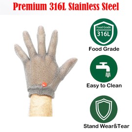 RETON-PPE Highest Level Cut Resistant Gloves Food Grade,Chainmail Gloves for Cutting Meat&Food,Spring Wristband,Stainless Steel Mesh Metal Glove,Safety Work Cut Proof Glove for Chef/Butcher(L)