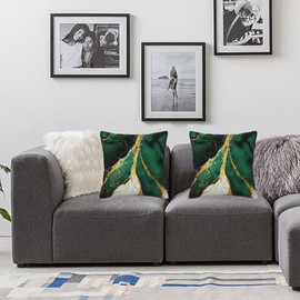 Lcokin Emerald Green and Gold Throw Pillow Cover 18x18 in Marble Cushion Modern Farmhouse Pillow Covers Soft Pillow Cases for Couch Sofa Bedroom Outdoor Home Decor Set of 2
