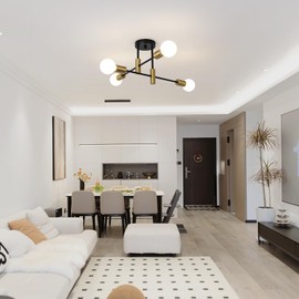 JIINOO Modern Sputnik Chandelier, 4-Light Mid Century Semi Flush Mount Ceiling Light Fixture for Bedroom, Dining Room, Living Room, Kitchen, Office,Black+Gold