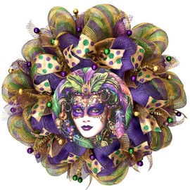 Mardi Gras Woman Wearing Mask Purple Background Wreath Handmade Deco Mesh 24 or 28 inch diameters