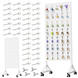 Rasdwt Metal Pegboard Display Stand 2 x 4.9 Feet, Adjustable Height with 40 Peg Board Hooks and Wheels, pegboard Display Rack, Craft Display Rack, Retail Display Rack, Garage Peg Board, Pegboard