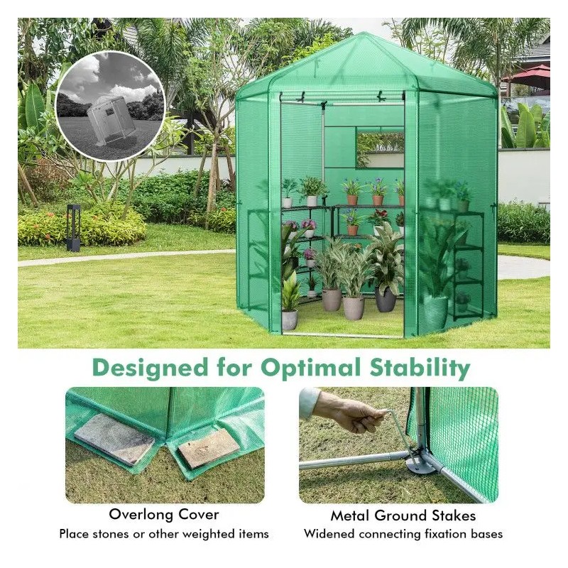 Hexagonal Walk-In Garden Greenhouse with PE Cover and Metal Frame